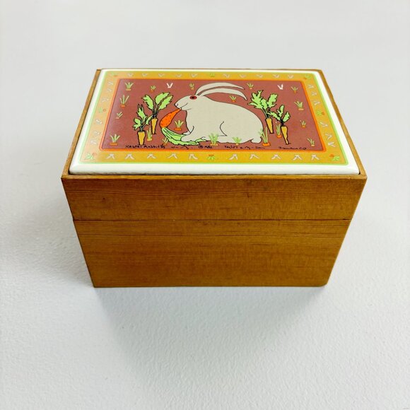 TAYLOR & NG Rascal Rabbit Tile & Wood Recipe Box VTG 1982 RARE Made In Japan - Picture 4 of 12